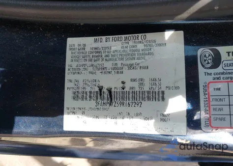 2009 Ford Fusion Se from USA, damaged, VIN 3FAHP07Z59R162292